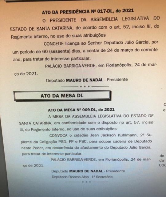 Convocação Jean Kuhlmann para assumir vaga na Assembleia – Foto: Reprodução