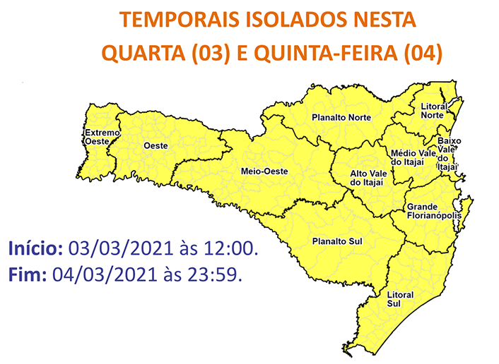 Temporais isolados devem ocorrer em todo o Estado