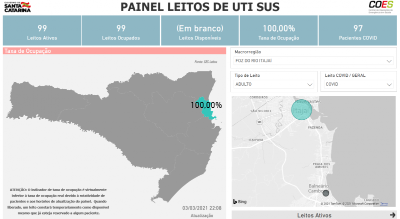 Mapa apresentado pelo Governo de Santa Catarina mostra 100% da ocupação de leitos UTI Covid-19 para adultos – Foto: Governo de SC/Reprodução