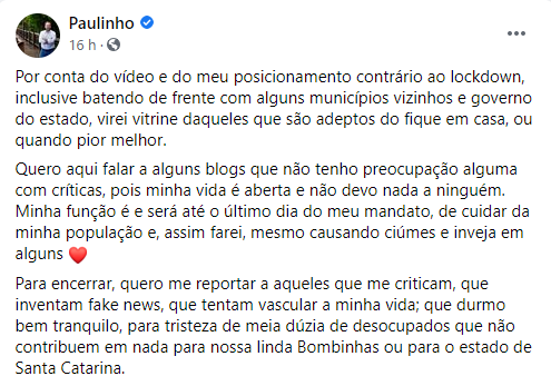 Prefeito de Bombinhas rebateu cr&iacute;ticas a seu posicionamento contra o lockdown – Foto: Reprodu&ccedil;&atilde;o redes sociais