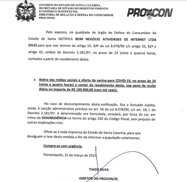 Procon notifica a empresa OLX, após caso exposto nos canais do Grupo ND – Foto: Procon/divulgação/ND