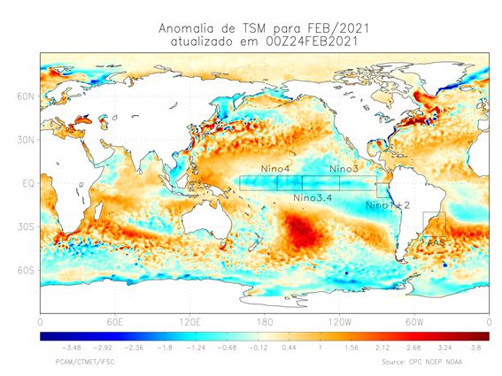 A queda na TSM (temperatura da superfície do mar) no Pacífico configura a La Niña – Foto: Divulgação/Epagri/Ciram