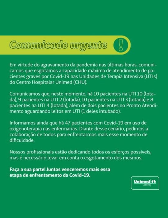Comunicado faz apelo a popula&ccedil;&atilde;o sobre atual situa&ccedil;&atilde;o na rede hospitalar – Foto: Unimed/Divulga&ccedil;&atilde;o