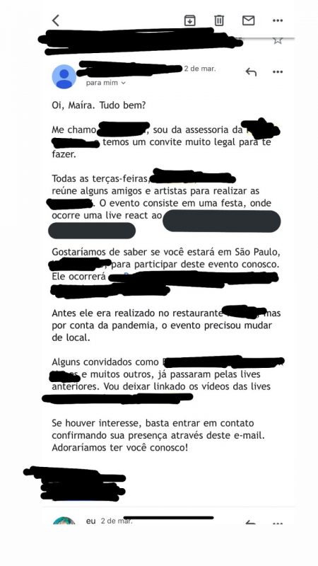 E-mail foi exposto pela youtuber nas redes sociais – Foto: Reprodução/Instagram