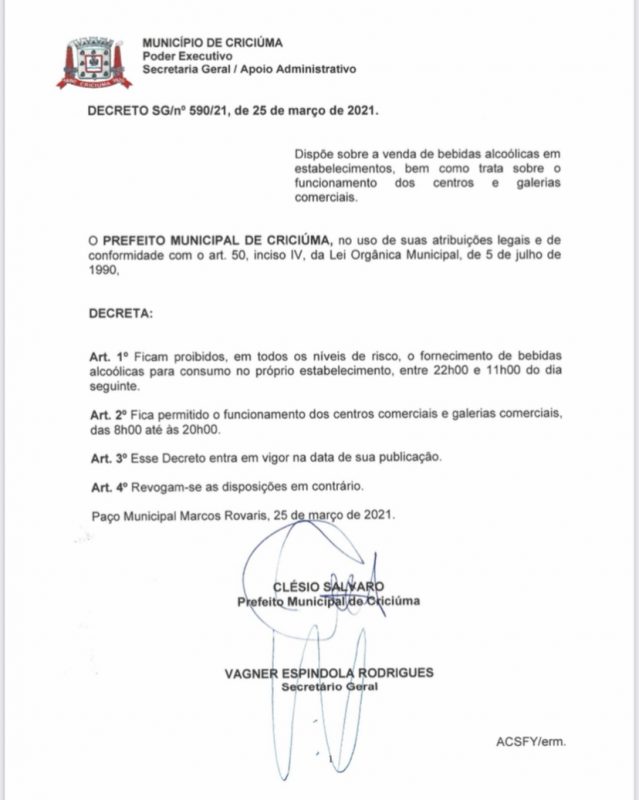 Decreto do prefeito Cl&eacute;sio Salvaro libera consumo em estabelecimentos em Crici&uacute;ma – Foto: Reprodu&ccedil;&atilde;o