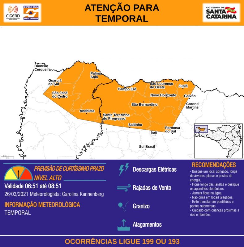 Previsão de temporal para as próximas horas nas cidades do Extremo-Oeste de SC – Foto: Defesa Civil SC/Divulgação