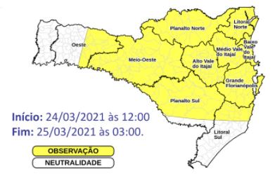 Risco de temporal para as regi&otilde;es que est&atilde;o em amarelo no mapa – Foto: Defesa Civil SC/Divulga&ccedil;&atilde;o