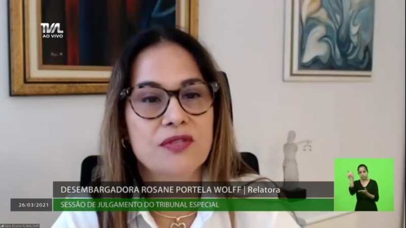 A desembargadora e relatora do processo, Rosane Portella Wolff, deu parecer favorável ao impeachment – Foto: TV AL/Divulgação/ND
