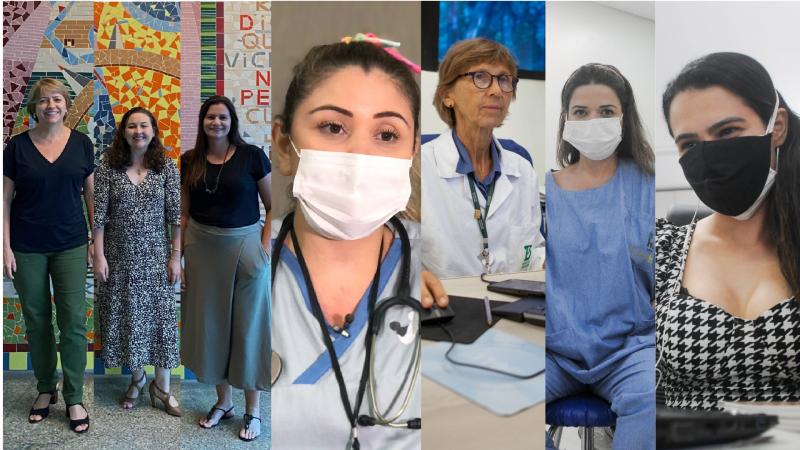 No Dia da Mulher, o ND+ celebra a hist&oacute;ria de mulheres que se dedicam ao combate &agrave; pandemia na linha de frente – Arte: ND/Fotos: Divulga&ccedil;&atilde;o/Gabriela Milanezi – ND/Rafael Sim&otilde;es/Leo Munhoz – ND