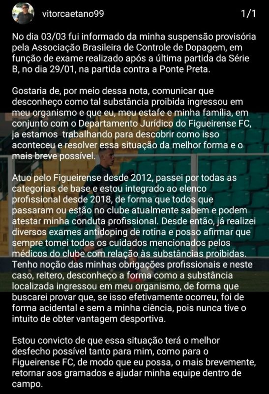 Goleiro se defende sobre suposto doping em jogo do Figueirense diante da Ponte Preta na s&eacute;rie B 2020 – Foto: reprodu&ccedil;&atilde;o/vitorcaetano