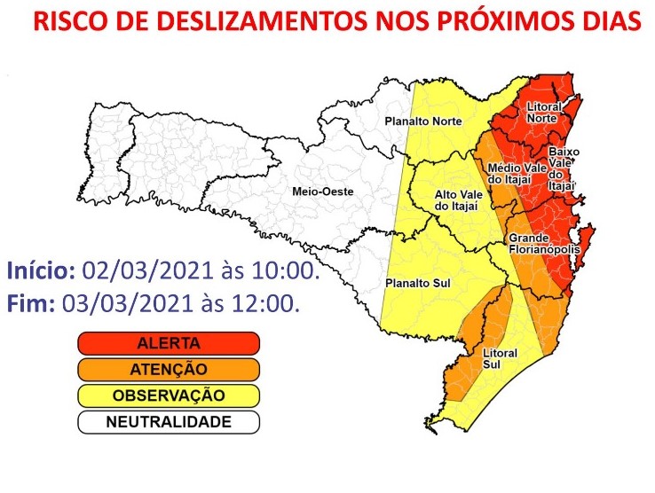 Mapa da Defesa Civil aponta para as regiões com o maior risco de escorregamento de terra – Foto: Reprodução/ND