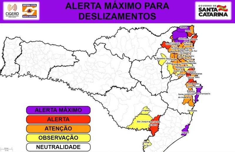 Defesa Civil coloca cinco cidades de SC em alerta máximo para deslizamentos