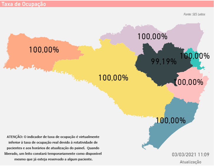 Mapa mostra ocupação de 100% na rede hospitalar em seis das sete regiões do Estado – Foto: SES/Divulgação