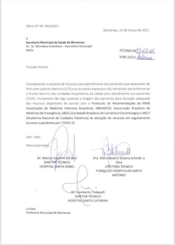 Hospitais de Blumenau informam à prefeitura de Blumenau sobre adoção de protocolo para definir ocupação de UTIs – Foto: Reprodução