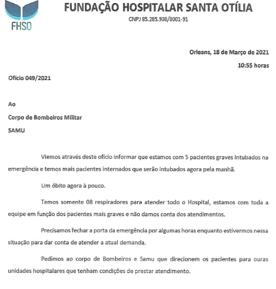 Ofício Hospital Santa Otília Orleans – Foto: Reprodução