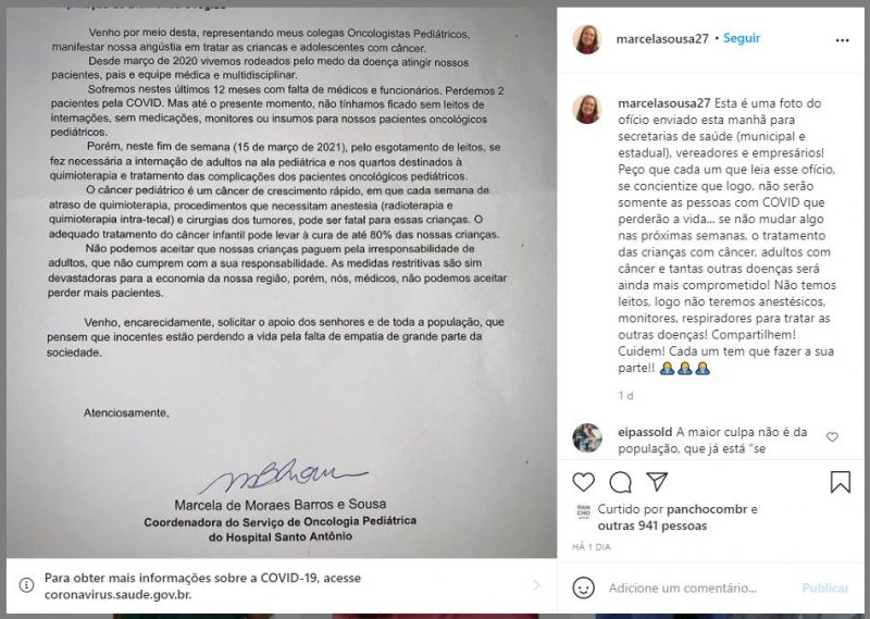 Ofício de oncologista pediátrica relatando situação vivida dentro do Hospital Santa Isabel em Blumenau – Foto: Reprodução/Redes Socias