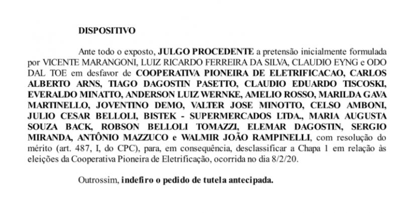 Divulgação – Foto: Parte da decisão da Justiça que anulou chapa 1 coopera