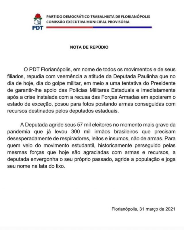 Nota de repúdio do PDT – Foto: reprodução