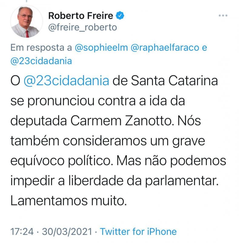 Roberto Freira critica a deputada Carmen Zanotto, que é do Cidadania – Foto: Reprodução/Twitter