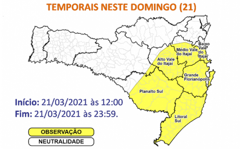 Temporais devem atingir áreas em amarelo no mapa – Foto: Defesa Civil/Divulgação