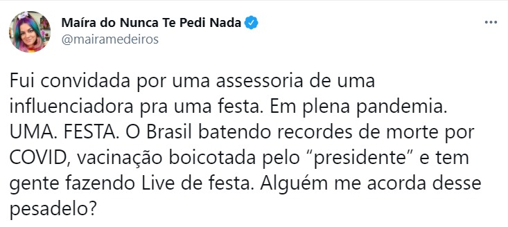 Maíra, que tem mais de dois milhões de inscritos no seu canal, é uma grande defensora das medidas sanitárias para controle da Covid-19 – Foto: Reprodução/Twitter
