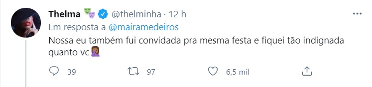 Thelma também usou as redes para falar sobre a situação – Foto: Reprodução/Twitter