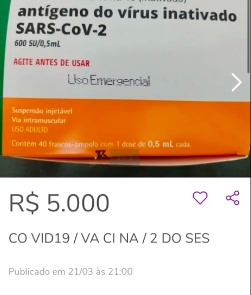 Vacina CoronaVac é anunciada por R$ 5 mil em site de compra e vendas em Florianópolis – Foto: Divulgação/ND