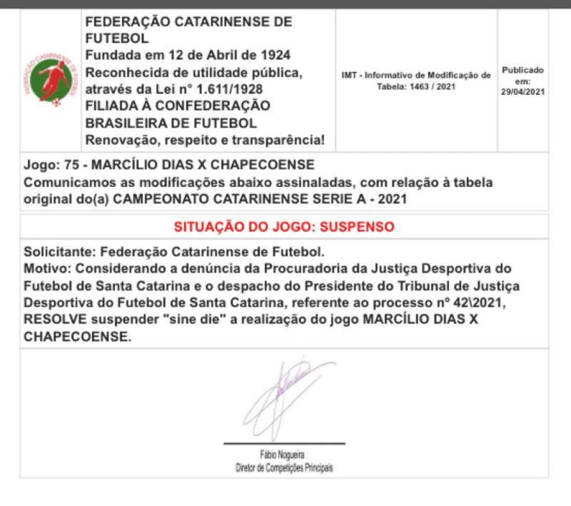 Jogo entre Marcílio Dias e Chapecoense suspenso – Foto: fcf/divulgação