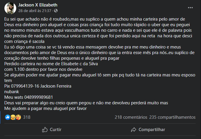 Apelo foi feito pela mulher em grupo de facebook – Foto: Redes sociais