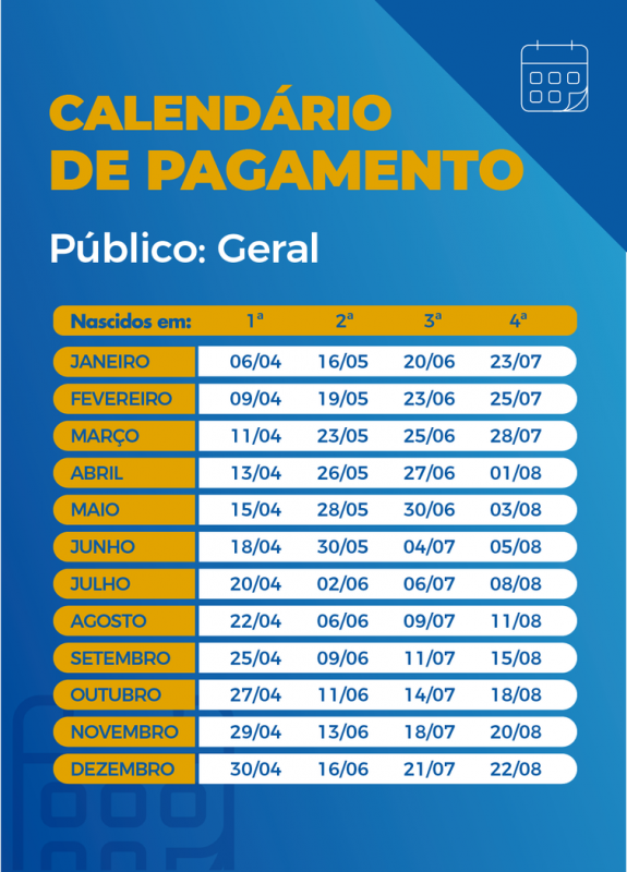 Calendário de pagamento das parcelas do auxílio emergencial; nesta terça-feira nascidos em abril têm o direito. – Foto: Agência Brasil/Reprodução/ND