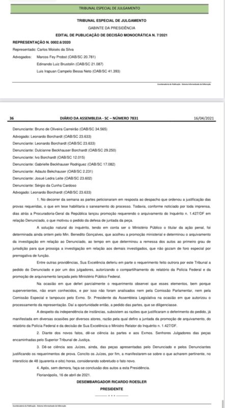 Nova decisão do Presidente Ricardo Roesler – Foto: Diario da Alesc