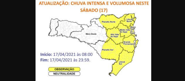 Mapa mostra regiões com alerta de chuva intensa para sábado