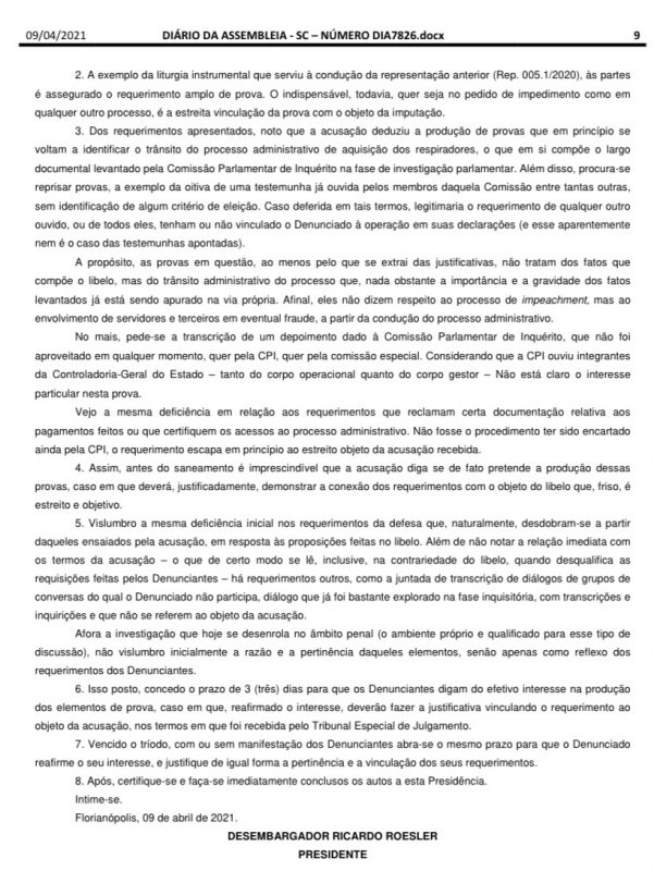 Presidente dá 5 dias para manifestação dos autores – Foto: Diario da Alesc