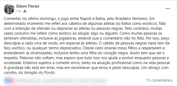 Pedido de desculpas aconteceu pelo Facebook – Foto: Reprodu&ccedil;&atilde;o/Facebook/ND