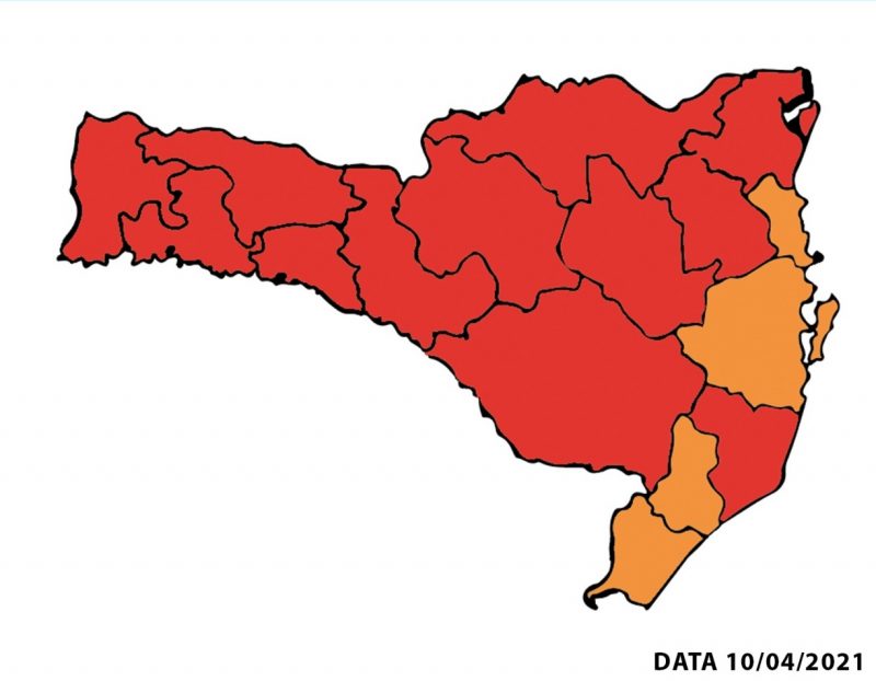 Mapa de Risco para Covid-19 SC 10/04/2021 &#8211; Foto: Reprodução/SES SC