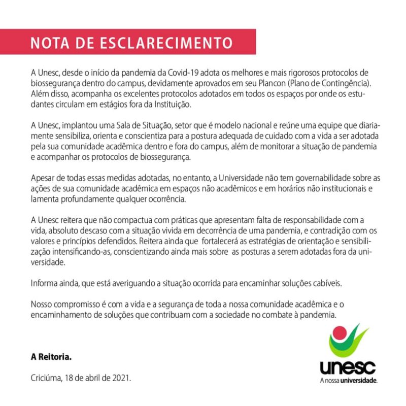 Nota divulgada pela Unesc – Foto: Facebook/Reprodução/ND