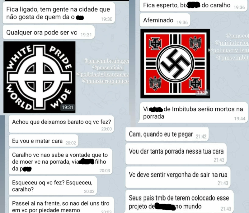 Simbolos neonazistas, ameaças de mortes e ofensas homofobia foram cometidas pelos agressores em Imbituba