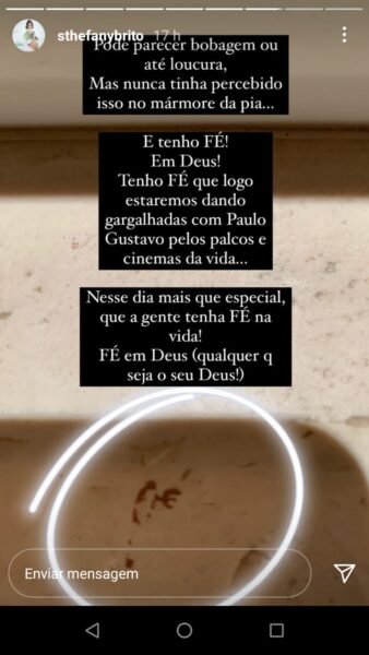 Sinal que a atriz Sthefany Brito teria recebido após rezar por Paulo Gustavo – Foto: Reprodução Redes Sociais