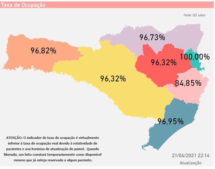Mapa mostra a atual situação da ocupação dos leitos em Santa Catarina &8211; Foto: SES/Divulgação