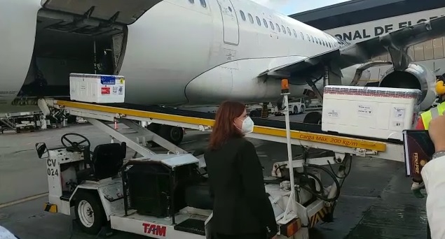O novo lote 144 mil doses de vacina contra a Covid-19 chegou a Santa Catarina, no aeroporto em Florianópolis, por volta das 8h20 desta quinta-feira (8). A secretária de Estado da Saúde, Carmen Zanotto, recepcionou a chegada da remessa – Foto: Dive/SC/Divulgação/ND