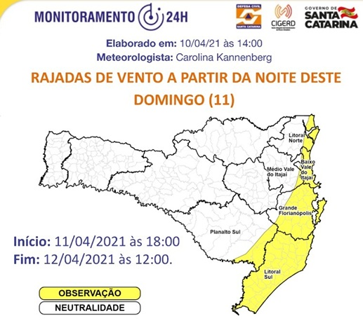 Alerta ventos – Foto: Defesa Civil/Divulgação/ND