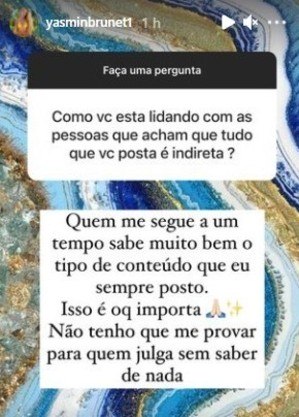 Yasmin rebateu boatos sobre indiretas – Foto: Reprodu&ccedil;&atilde;o