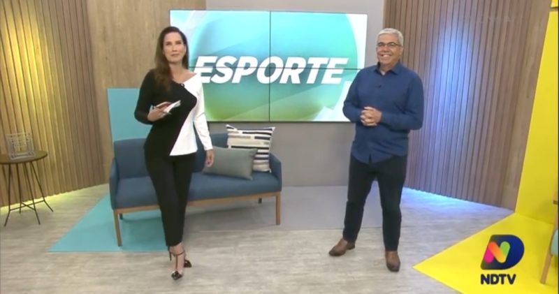 F&aacute;bio Machado e M&aacute;rcia Dutra no quadro de esporte do Jornal SC no Ar – Foto: Reprodu&ccedil;&atilde;o/NDTV RecordTV