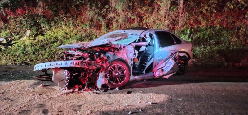 Carro ficou totalmente destruído com a batida – Foto: Corpo de Bombeiros/ND