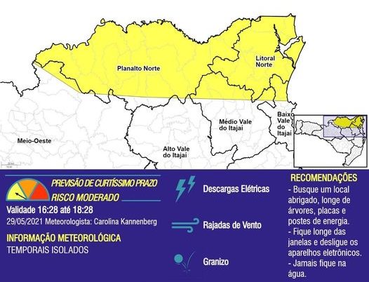 Alerta para temporais isolados em Santa Catarina neste s&aacute;bado, dia 29 – Foto: Divulga&ccedil;&atilde;o/Defesa Civil SC