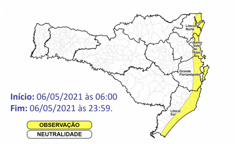 Rajadas de 40km/h a 70kmh podem ser registradas na área em amarelo – Foto: Defesa Civil/Divulgação/ND