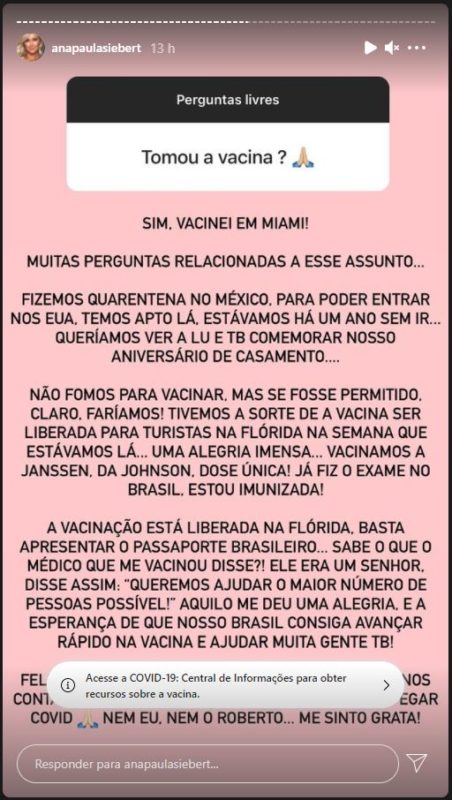 Ana Paula Siebert confirma a seguidores que tomou a vacina contra a Covid-19 nos Estados Unidos – Foto: Reprodu&ccedil;&atilde;o/Redes Sociais