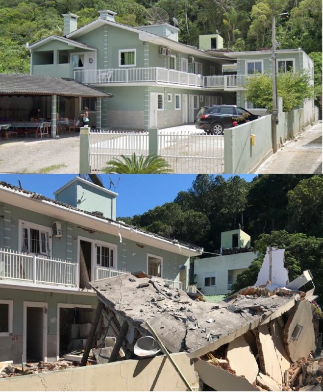 Antes e depois de casa que explodiu em Jurerê por conta do vazamento de gás – Foto: Google Street View/Maria Fernanda Salinet/ND