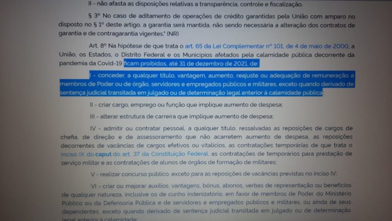 Trecho da Lei Complementar 173 aprovada em maio de 2020 – Foto: Reprodução/ND
