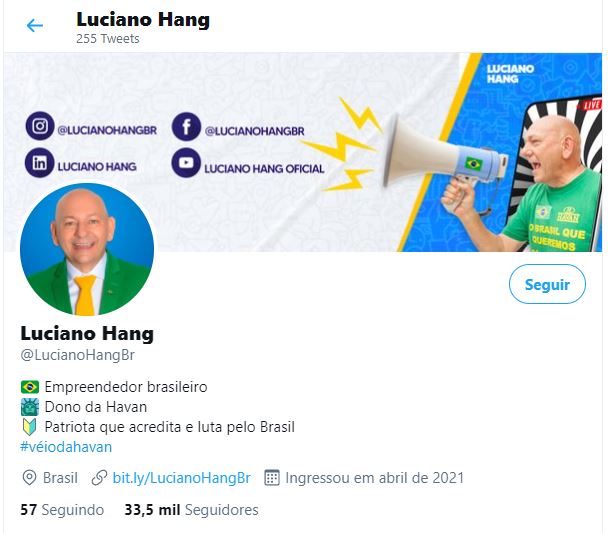 Nova conta de Luciano Hang no Twitter foi criada em abril de 2021; conta antiga segue bloqueada – Foto: Reprodu&ccedil;&atilde;o/Redes Sociais